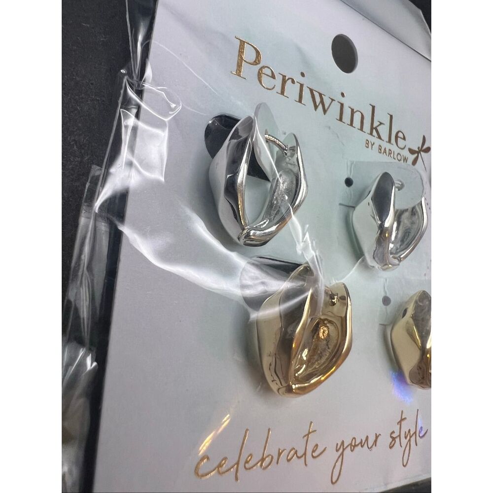 New! Periwinkle By Barlow Silver and Gold Tone Wavy Huggie Hoop Earring Set - Picture 5 of 6